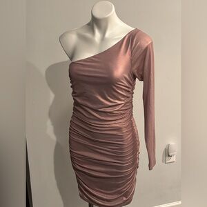 AFRM One-Shoulder Ruched Bodycon Metallic Mauve Dress